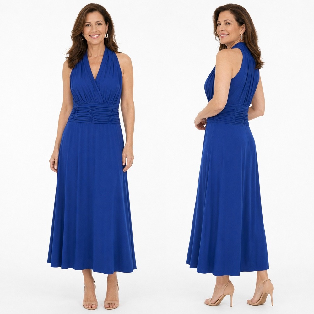 Evan Picone Dress Royal Blue Halter Ruched Waist Midi Women‎ 6 Formal Cocktail